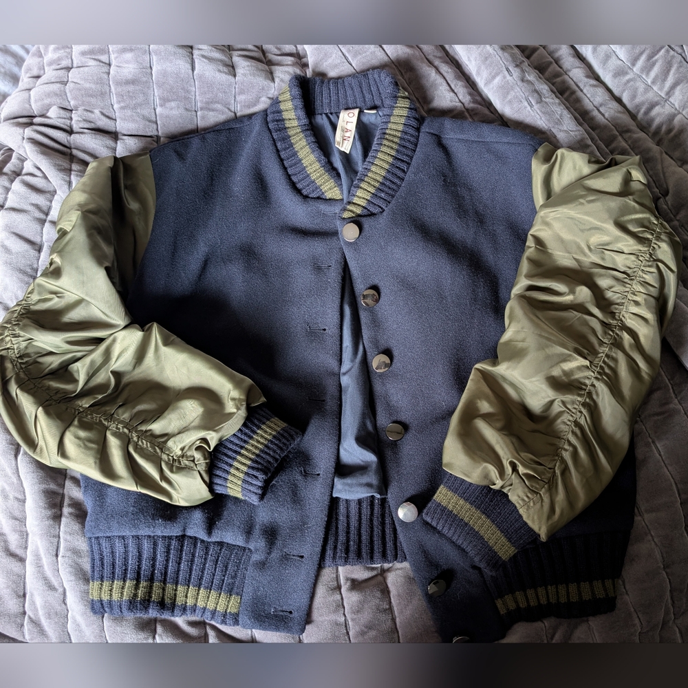 Dolan Anthropology Navy and Olive Varsity Bomber Jacket Large Petite